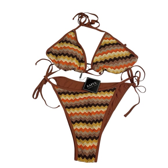 Zaful Other - ZAFUL Colorblock Bikini Stripes Triangle Tied Halter Cheeky Thong 2 Piece Sz XL